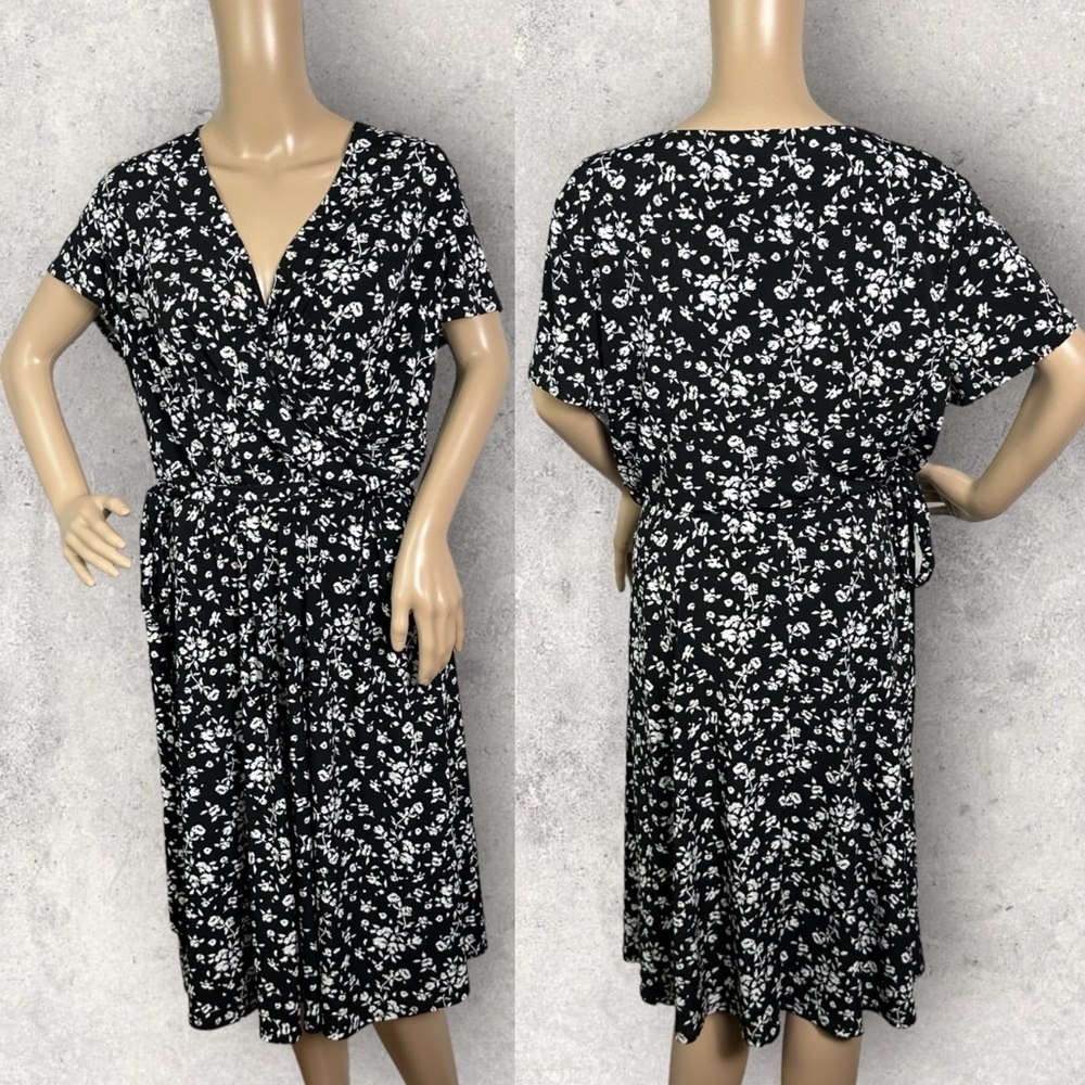 Nordstrom Eliza J Black White Floral Wrap Midi Dress Belted Size XXL Stretch